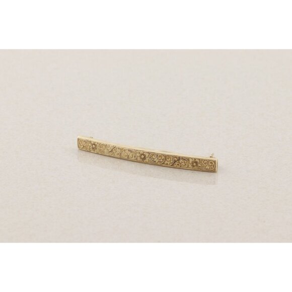 14k Yellow Gold Antique Art Deco Bar Pin Pretty Etched Flower Pattern 2" x 3/16" - Picture 3 of 11